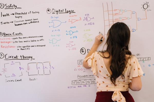 student writing on a whiteboard