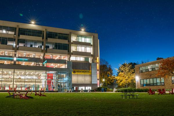 A photo of the Wentworth quad at night facing Beatty hall