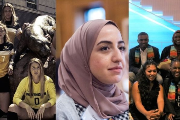 3 photo collage - 3 women athletes posed next to Leopard statue; a woman wearing a light purple jihab and 4 people of color seated wearing Umoja stoles - 3 women and 1 man