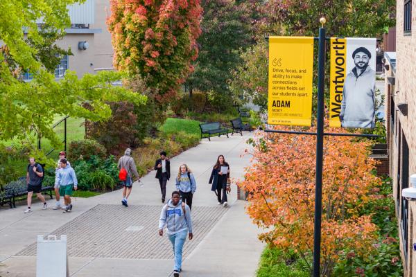 Students walking through the Wentworth campus