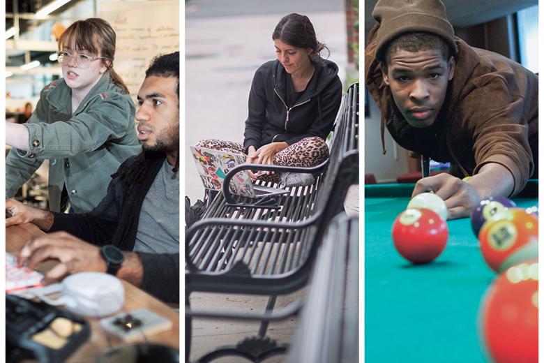 A collage of 3 images (from left to right): A male and female student looking at a computer; a female student sitting on a bench looking at her laptop; a male student playing pool.
