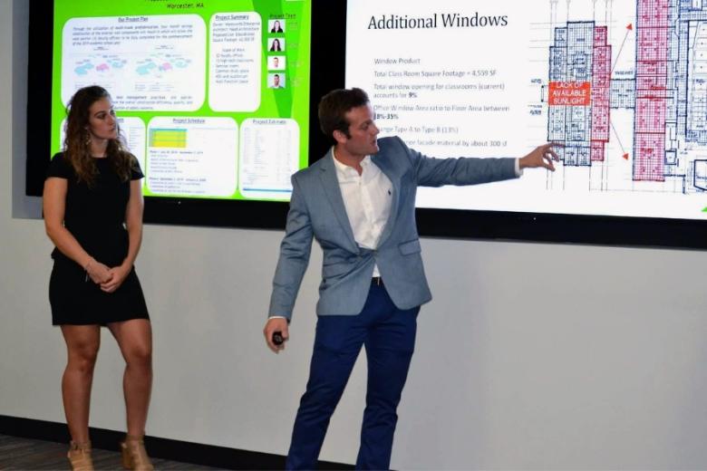 two students presenting in front of a classroom