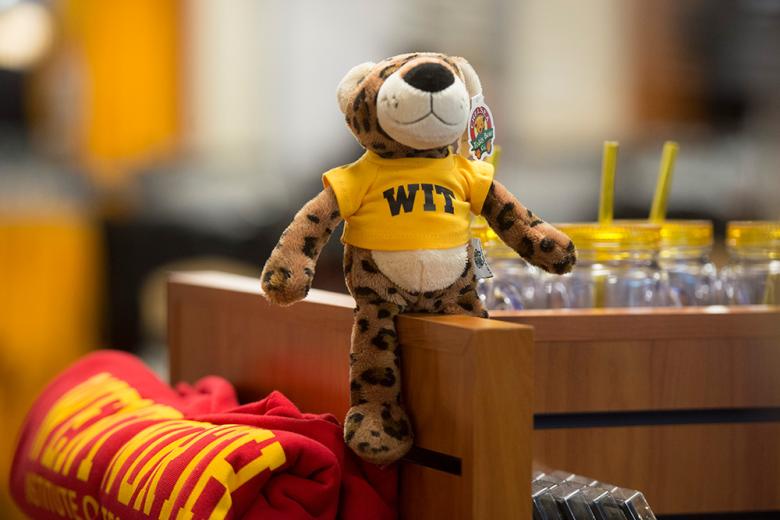 Stuffed leopard toy posed in Bookstore.