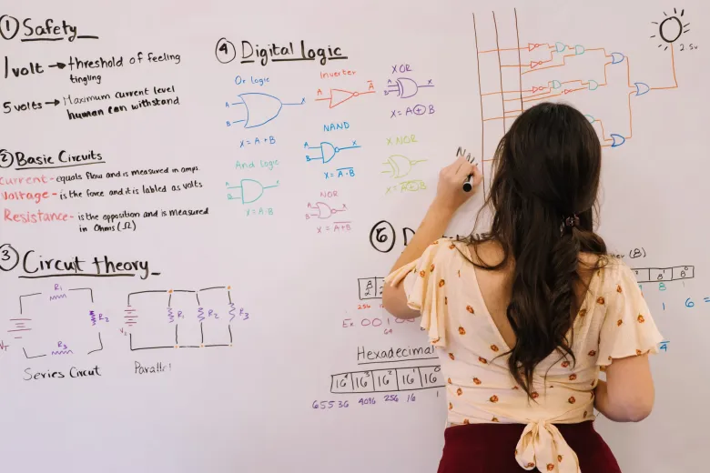 student writing on a whiteboard