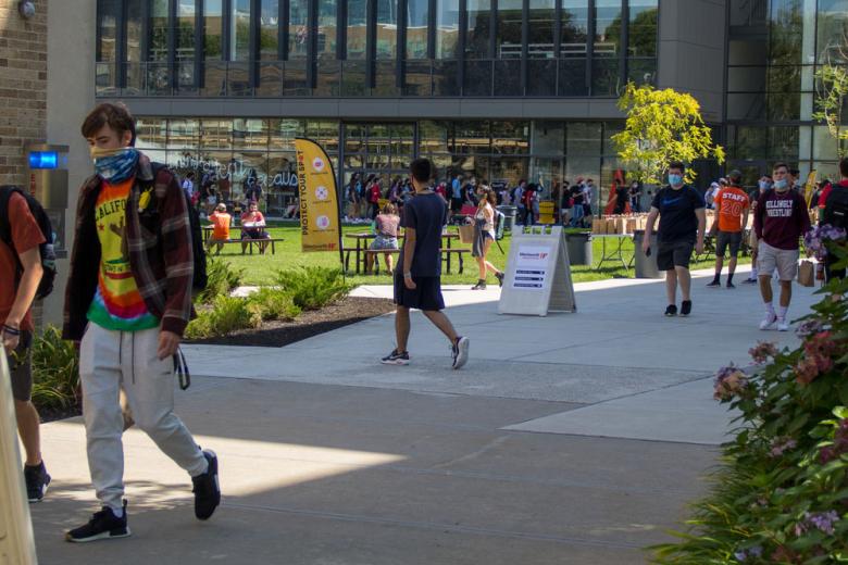 Students walking around campus