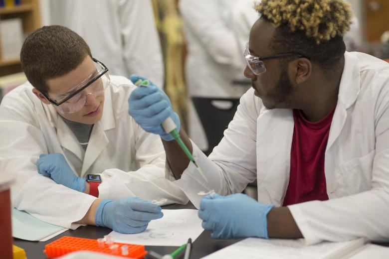 Two students wearing lab coats work on a project in the bioengineering lab