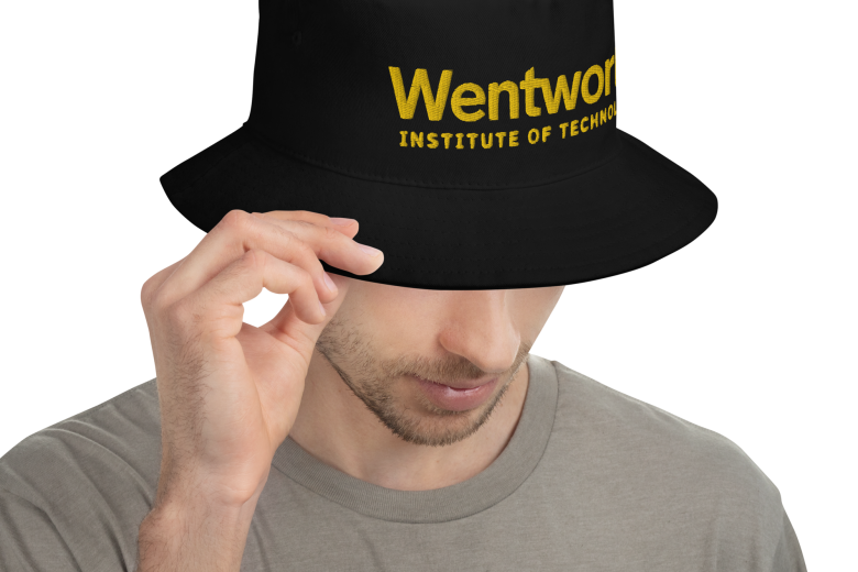 Man wearing Wentworth branded bucket hat
