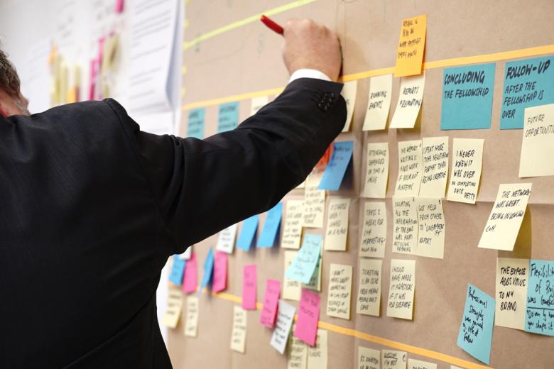 Image of a man putting sticky notes on a board for project management