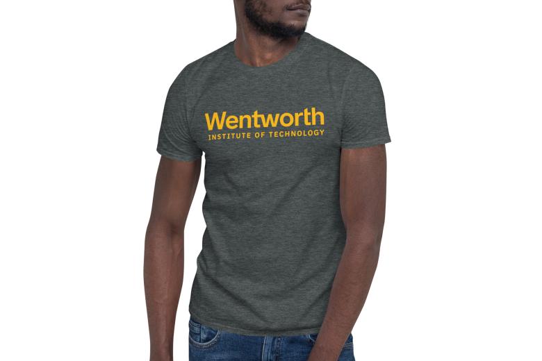 Man wearing grey Wentworth branded T-Shirt