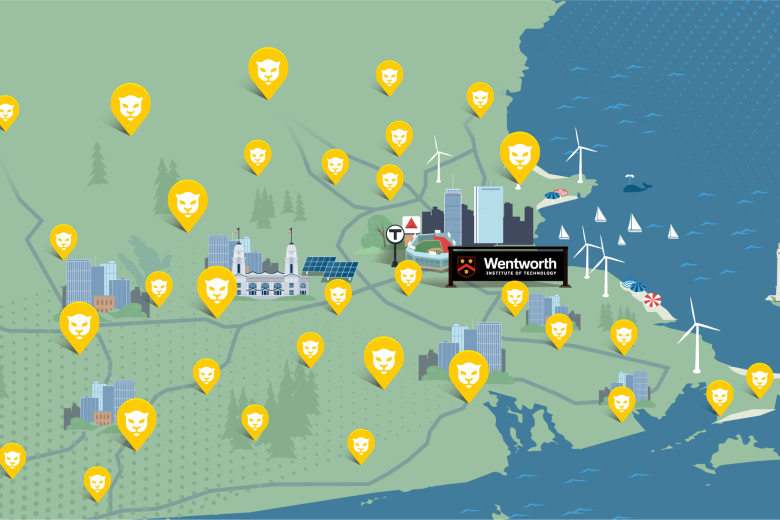 A graphic map of Massachusetts and New England representing the reach of the co-ops of Wentworth students