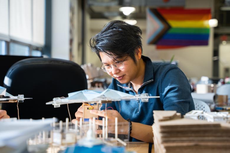 A student works on a model in one of the Wentworth maker spaces