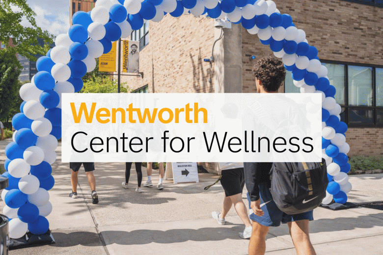 The Wentworth Center for Wellness Logo on top of a background image of students walking to Fit Fest on the quad.