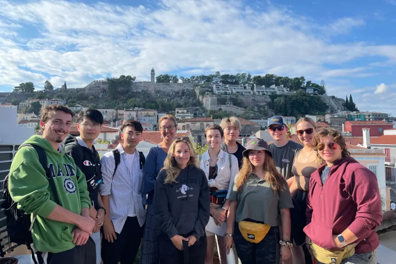 Meliti Dikeos and a group of Architecture students pose together in Greece during the Global Research Studio study abroad