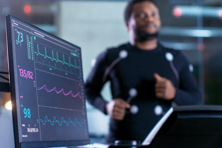 monitor showing vital information while a man runs on treadmill