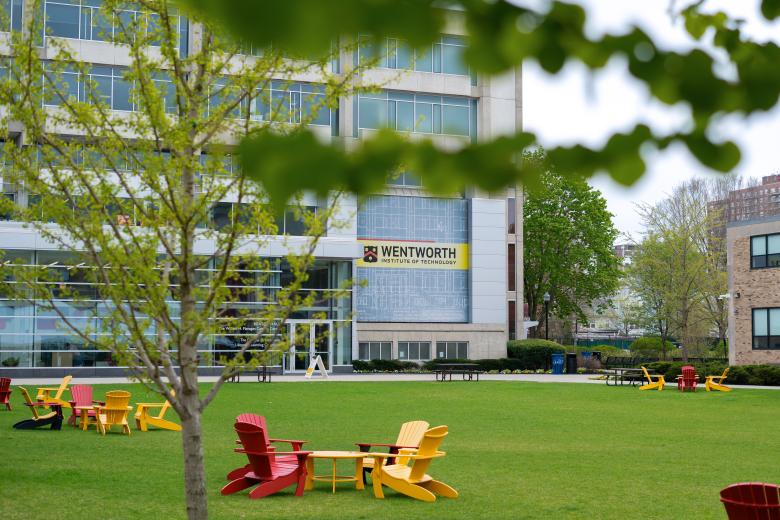 university campus with green grass and trees