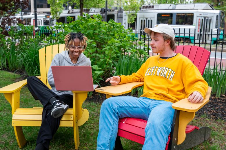 Two students sit in chairs outside looking at a laptop