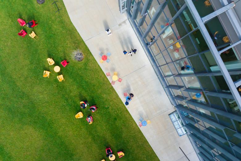 A drone photo looking down at the Wentworth campus from above