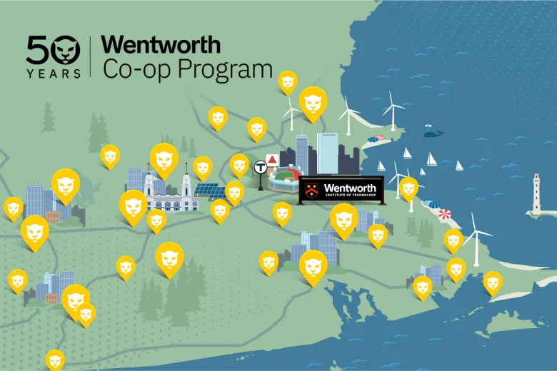 An illustrated map of Massachusetts with pins representing all of the Wentworth Co-ops and a logo celebrating 50 years of co-ops at Wentworth