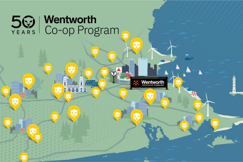 An illustrated map of Massachusetts with pins representing all of the Wentworth Co-ops and a logo celebrating 50 years of co-ops at Wentworth