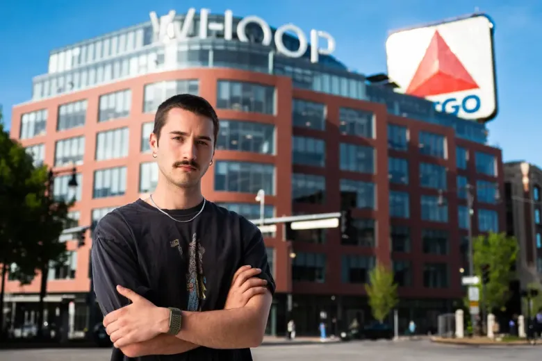 Jasper Chappelle stands outside the WHOOP office in the Fenway area of Boston