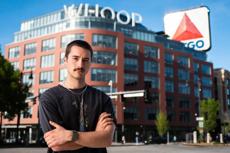 Jasper Chappelle stands outside the WHOOP office in the Fenway area of Boston