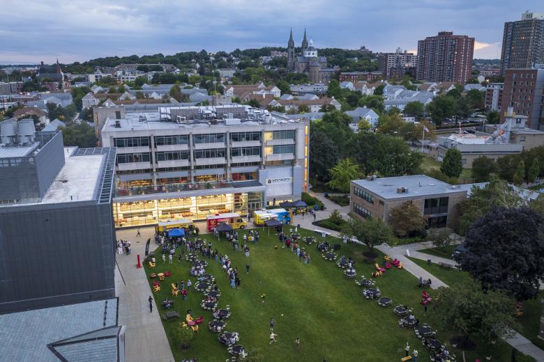 an aerial shot of the wentworth campus at sunset