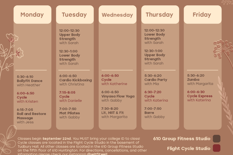 Group fitness class schedule for Fall 2025