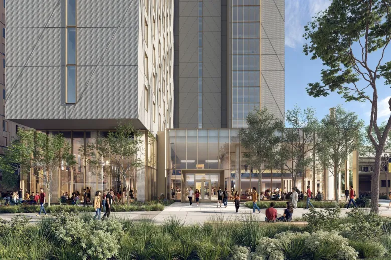 First Year Tower Rendering from the Front - students walk by a tall modern looking dorm with glass windows and trees in the courtyard