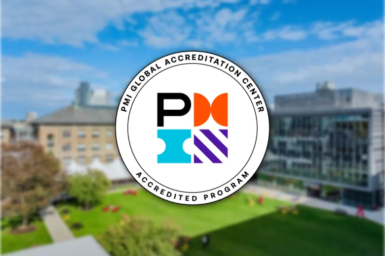PMI Global Accreditation Center Accredited Program Logo on a background showing the Wentworth Quad