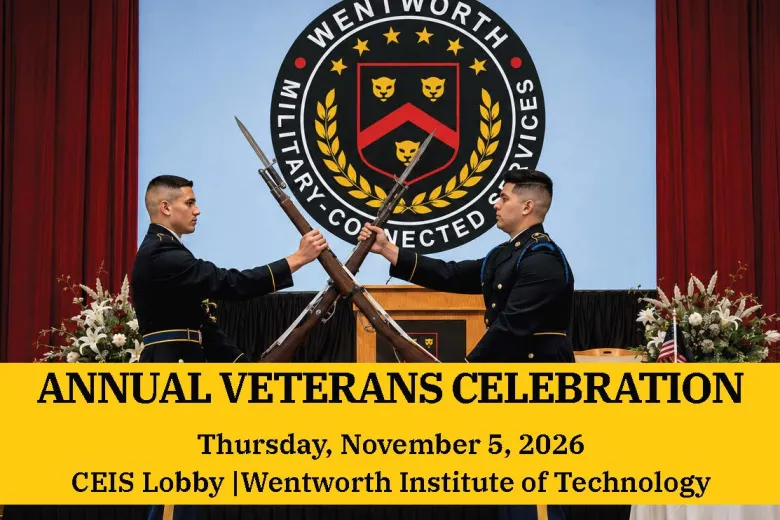 Image of 2 Male Army Soldiers facing each other in Dress Blue uniforms crossing sword guns in front of a logo on a white screen with the Wentworth seal and 5 gold stars and a half gold leaf wreath at the bottom.