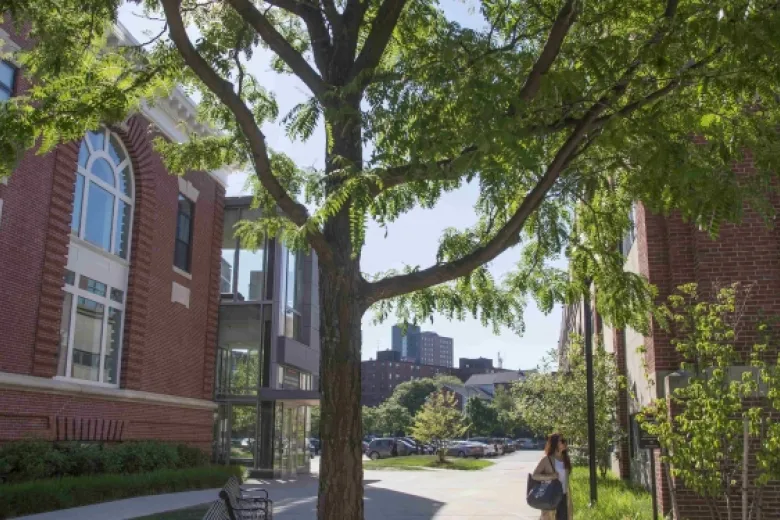 woman walking among trees and brick buildings