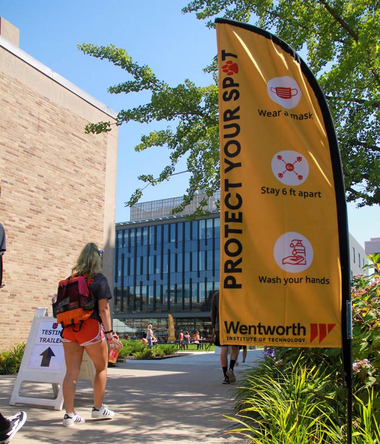 Student walking to the testing center at Wentworth