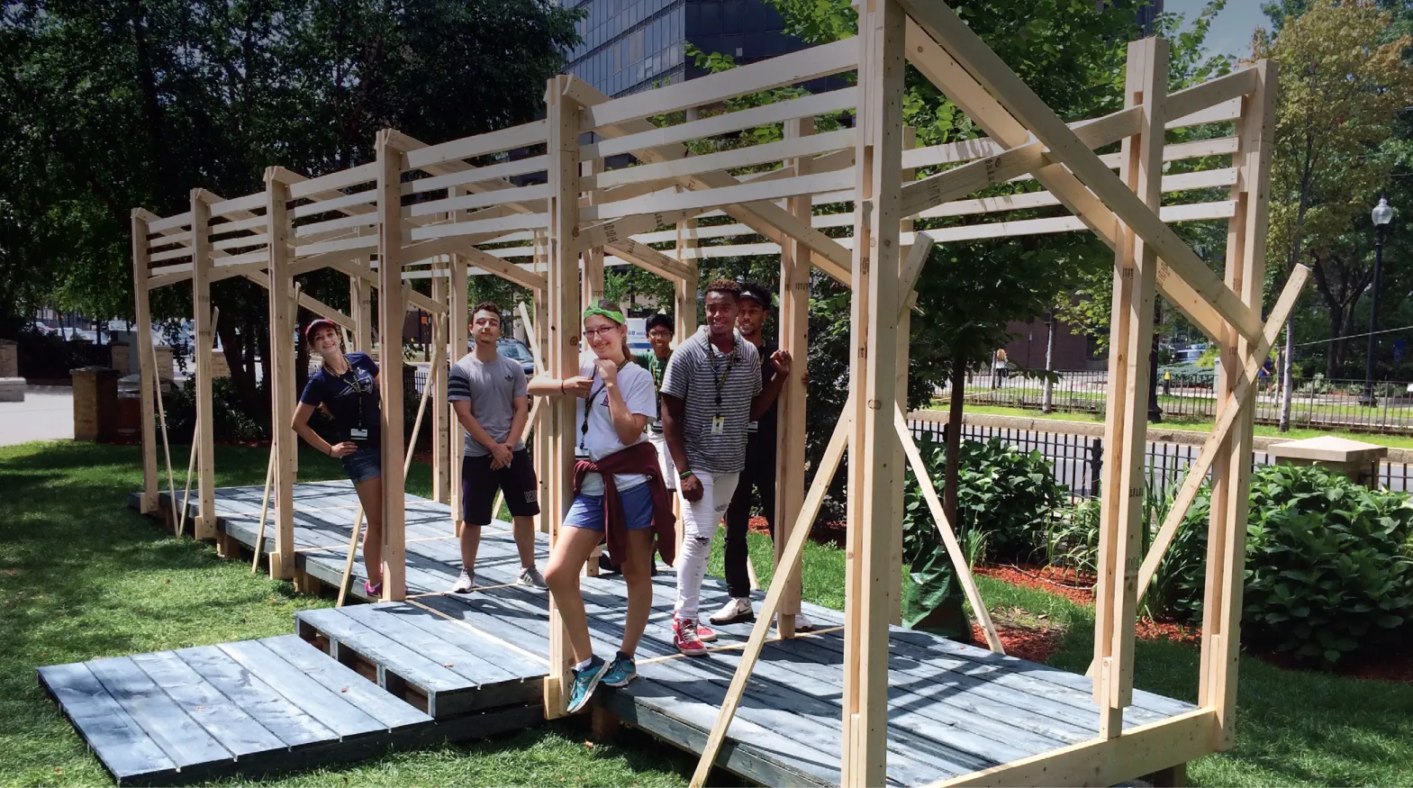 Students posing after completing SummerFAB 2017's pavilion.