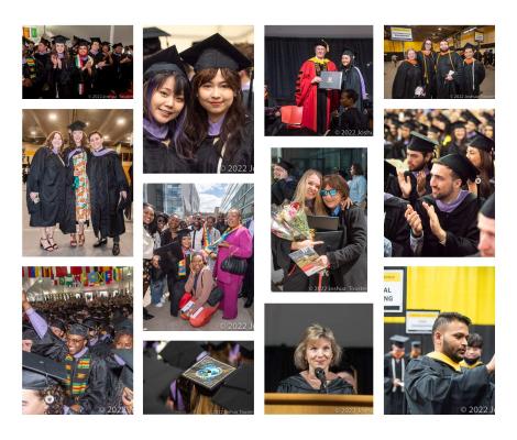 Collage of photos of students and families at graduation wearing caps and gowns and smiling.