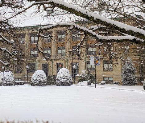 college building covered by snow