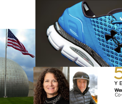 collage of portraits and a sphere and a sneaker