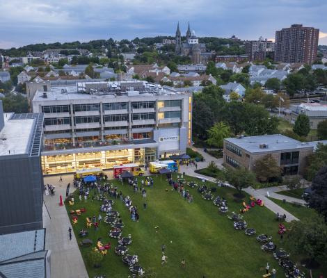 an aerial shot of the wentworth campus at sunset