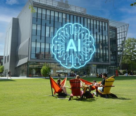 graphic of "ai" text over campus quad photo