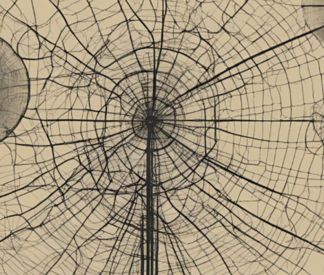 An abstract black-line illustration on a beige background depicting a complex, web-like network connecting several circular nodes
