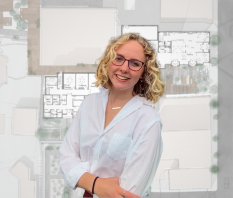 a woman stands in front of a architectural rendering