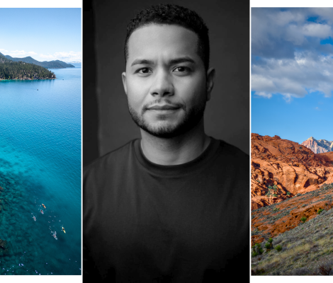 a collage showing a portrait of a man's face and two scenic photographs of the American West