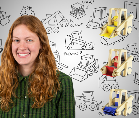 a portrait of a woman next to a series of toy prototypes she designed