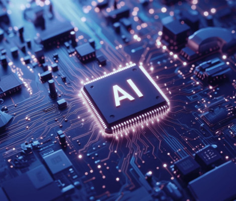 a blue computer motherboard with the word "ai" on top
