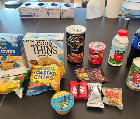 an array of snack foods on a table