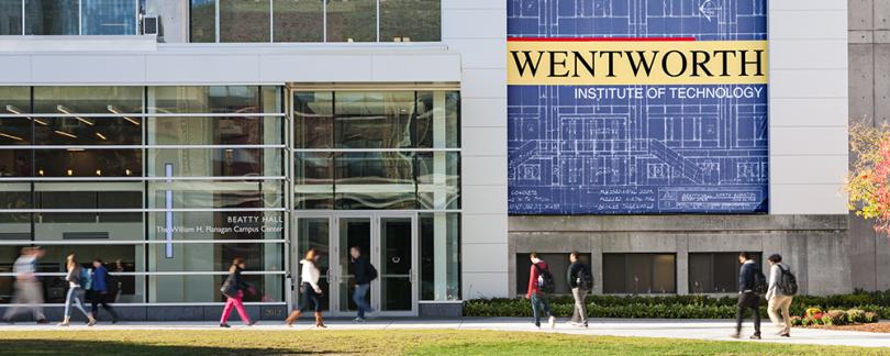 Students walking in front of Beatty Hall at Wentworth Institute of Technology