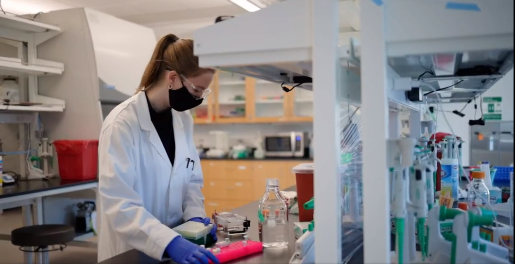 Biomedical student in laboratory, Lab coat, Safety goggles, test tubes