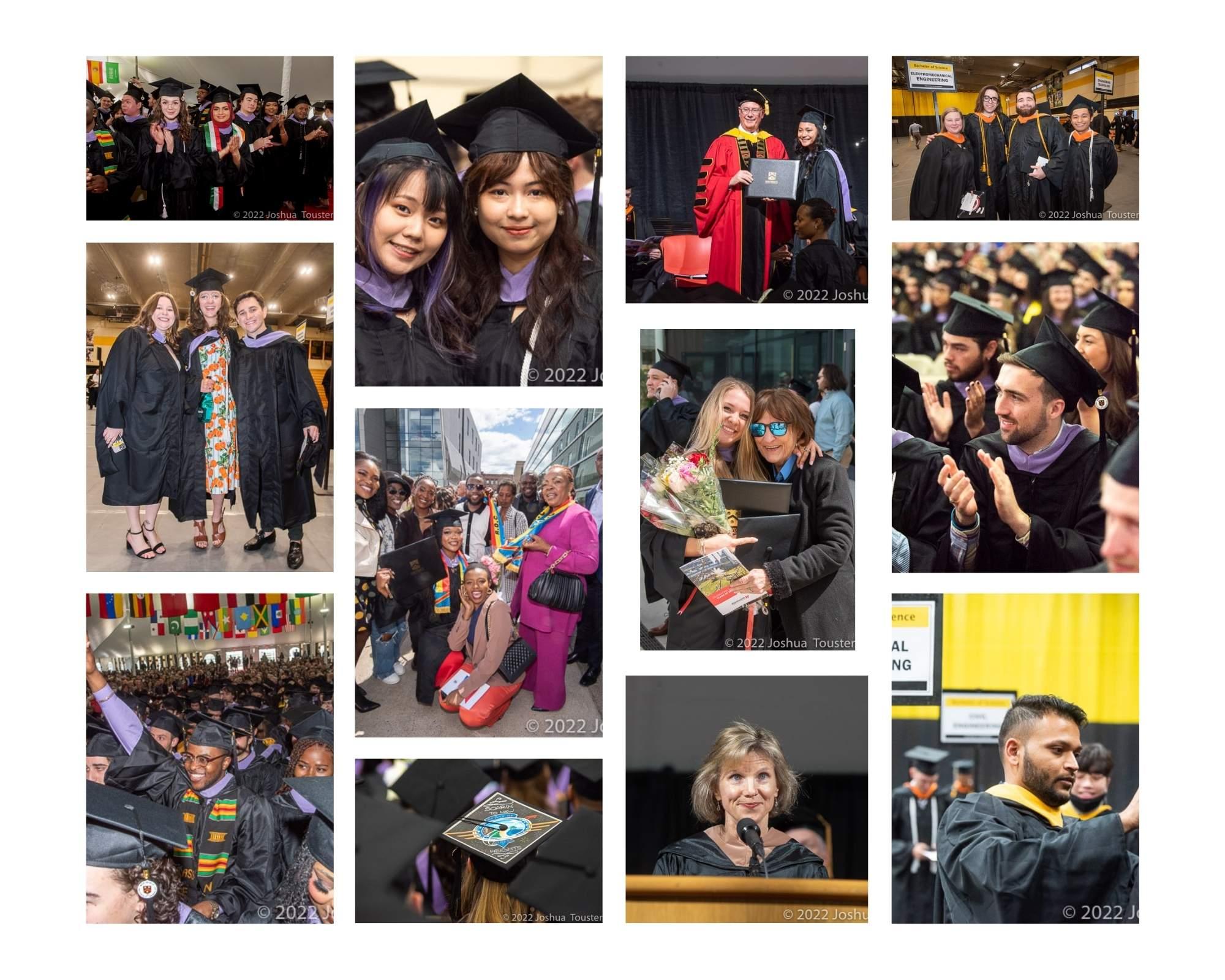 Collage of photos of students and families at graduation wearing caps and gowns and smiling.