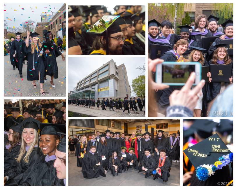 Collage of photos showing students graduating wearing caps and gowns