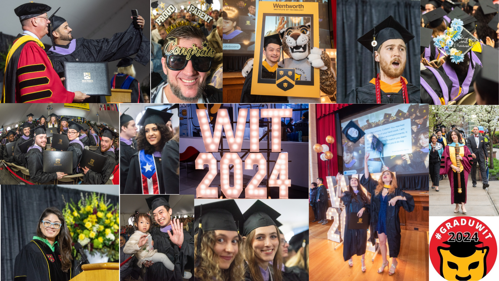 Collage of photos showing students graduating wearing caps and gowns