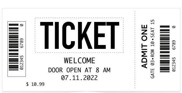 Example Image of a ticket with bar code date and time - black and white 